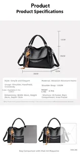 Detailed size specifications for the large capacity black leather handbag with straps