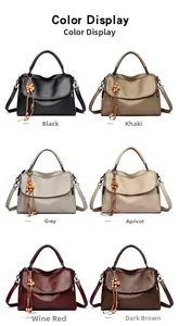 Showcase of six textured leather flap handbags in different colors with beaded tassels