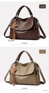 Detail of leather tote bag with lychee texture and wooden bead tassel in brown and khaki