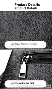 Close-up of black lychee grain texture and polished metal zipper on Boston bag