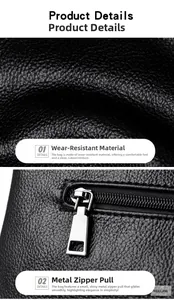 Detail of durable black lychee grain leather texture and polished metal zipper hardware