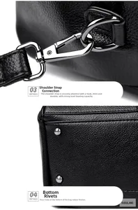 Detail of detachable gun-black metal hooks and four bottom rivets on lychee leather bag