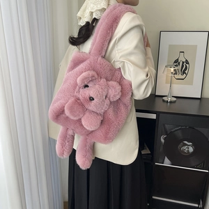 Pink plush teddy bear shoulder bag with large capacity for women stylish autumn winter wear