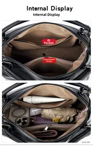 Internal display of black lychee leather bag showing brown lining and storage capacity