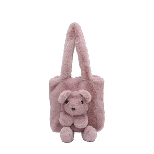 Pink plush teddy bear tote bag with soft faux fur and large shoulder strap for women