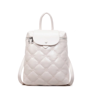 Minimalist beige quilted backpack for women with floral embroidery and large capacity