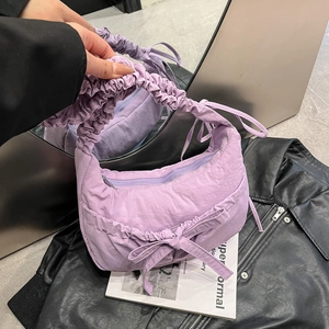 Women Pleated Nylon Shoulder Bag Ruffled Strap Large Bow Crescent Puffy Cloud Crossbody Handbag Fashion Casual