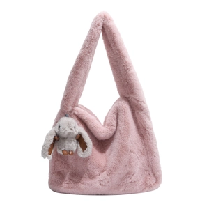 Pink plush large capacity shoulder bag with a cute long-eared rabbit pendant charm