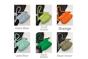 Collage of quilted cloud puffy bags in multiple vibrant colors on white background