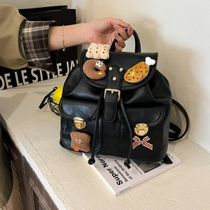 Vintage black PU leather backpack for women with creative plush food charms and red bow