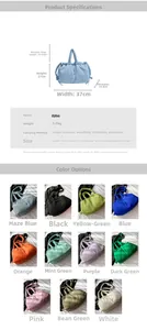 Detailed size chart and 11 color options for the large quilted nylon puffer tote bag