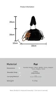 Detailed size chart for plush bucket bag showing 22x16x12 cm dimensions and leopard charm