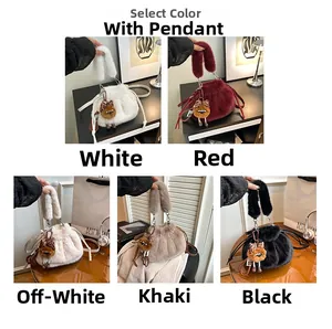 Chic plush bucket bags in five colors with leopard doll pendant and soft faux fur texture