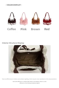 Detail view of large faux shearling tote bag with magnetic closure and striped interior lining