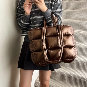 Quilted down cotton tote bag in dark brown with large capacity for daily commute