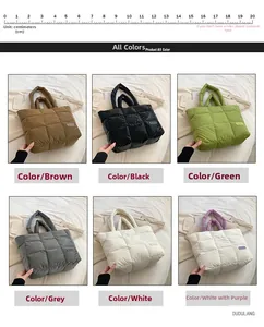 Detailed grid view showing six different colors of the large quilted puffer tote bags
