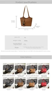 Size chart showing large PU tote bag dimensions 34x24.5x10cm with strap length