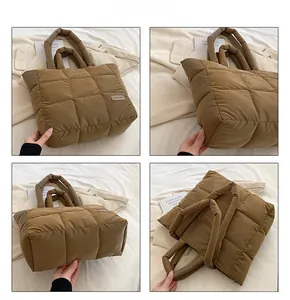 Detailed views of a brown quilted tote bag with a fashion label and large capacity