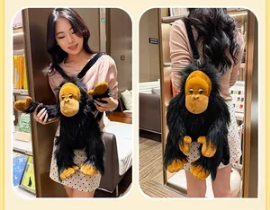 Detail shot of creative long-haired gorilla plush backpack worn as a front and back bag