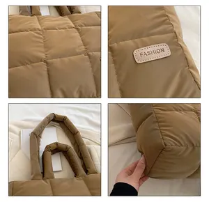Detailed views of brown quilted down tote bag with leather fashion tag and padded handles