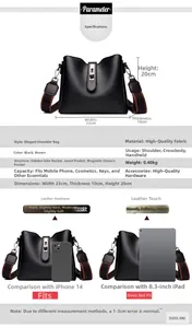 Tableau des tailles détaillé pour sac seau noir avec dimensions 23x10x20cm et détails