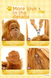 Detail view of plush gorilla bag showing metal clasp and anti-snag zipper rings