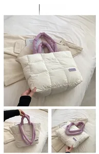 Close-up of white quilted tote bag with purple handles and fashion label detail
