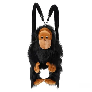 Detail view of plush gorilla backpack with long black faux fur and metal strap hooks