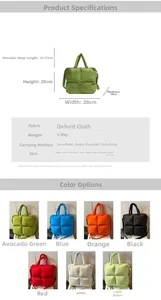 Detailed size chart and color options for the quilted puffer tote crossbody bag