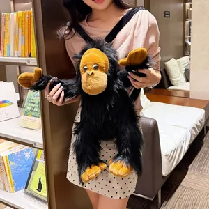 Close-up of creative gorilla plush backpack with long fur and adjustable black straps