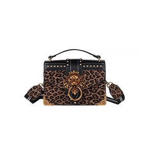 Leopard print faux suede handbag with lion head clasp and gold rivet details