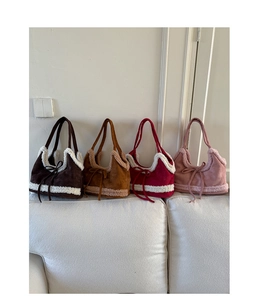 Detailed comparison of suede shearling bucket bags in dark coffee camel burgundy and pink