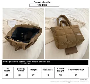 Size chart for brown quilted puffer tote bag with measurements and shoulder strap details