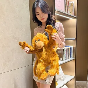 Detail of creative long-armed plush gorilla backpack held in a cozy home library setting