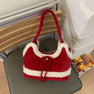 Women Retro Suede PU Tote Bag With Sherpa Trim Bow Decor Magnetic Buckle Autumn Winter Shoulder Handbag