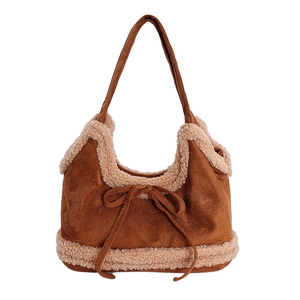 Brown suede tote bag with plush lamb wool trim and decorative bow for autumn winter