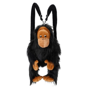 Creative black long-haired gorilla plush backpack with adjustable straps on white background