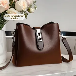 Sac Seau Femme Bandoulière Texture Litchi Cuir PU Sangle Large Amovible Fermoir Rotatif Argent Quotidien Décontracté Voyage