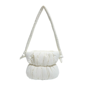 Minimalist white puffy cloud bag with pleated down cotton texture and knotted shoulder strap