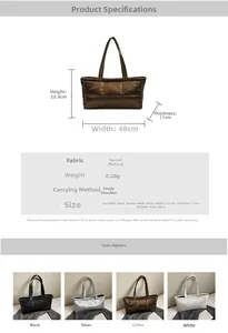 Detailed size guide and measurements for the padded down tote bag with color options