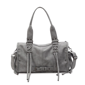 Retro grey matte leather shoulder bag with fringe tassel and cross lace details