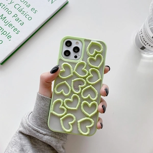 Detailed view of mint green iPhone case with 3D hollow heart shapes and frosted texture