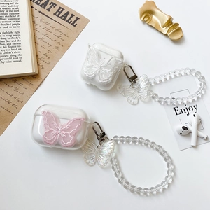 Detail of transparent AirPods case featuring pearl bead strap and bow embroidery