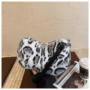Detail shot of leopard print plush bag featuring fuzzy texture and silver zippers