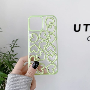 Detail of light green 3D hollow heart decorations on a clear iPhone case phone cover