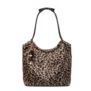 Large capacity leopard print tote bag with brown leather straps and wooden bead charm