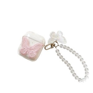 Clear AirPods case with pink butterfly embroidery and a matching beaded pearl wrist strap