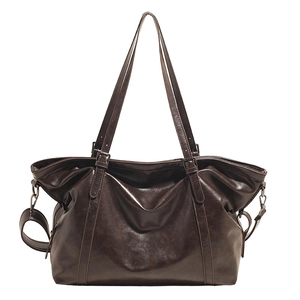Vintage dark brown oil wax leather tote bag with large capacity and adjustable straps