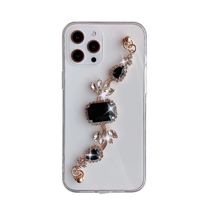 Custodia trasparente per iPhone con catena di gemme nere e accenti di cristallo brillanti