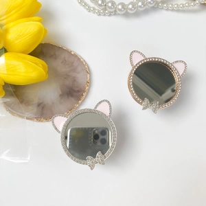 Détails du support miroir pour téléphone oreilles de chat avec strass argent et or rose